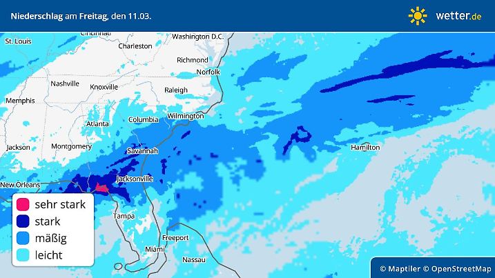 Die Karte mit der Regenprognose für den Südosten der USA: zum Teil schüttet es sehr heftig.