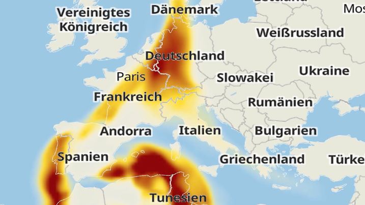 Die Graphik zeigt die Europakarte, auf der zu sehen ist, dass sich der Wüstenstaub aus Nordafrika mit dem Wind weit verteilt.