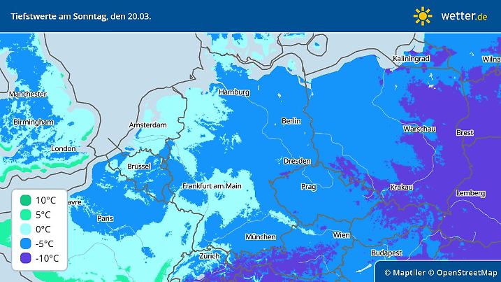 Deutschlandkarte mit den Tiefstwerten in der Nacht zum Sonntag, 20. März 2022