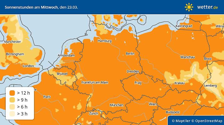 Die Prognose der Sonnenstunden für Deutschland - bis zu 12 Sonnenstunden erwarten uns verbreitet