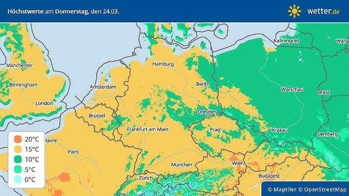 Die Deutschlandkarte mit der Vorhersage der Höchstwerte - vielfach erwarten uns 15 bis 18 Grad