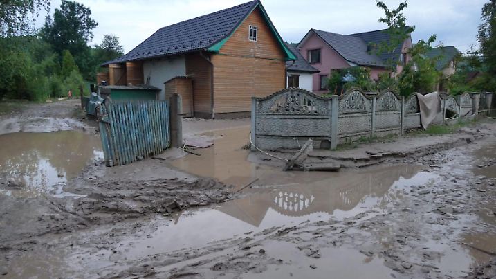LANCHYN, UKRAINE - JUNE 25, 2020 - An inundated yard is pictured in Lanchyn village, Nadvirna district, Ivano-Frankivsk Region, western Ukraine.