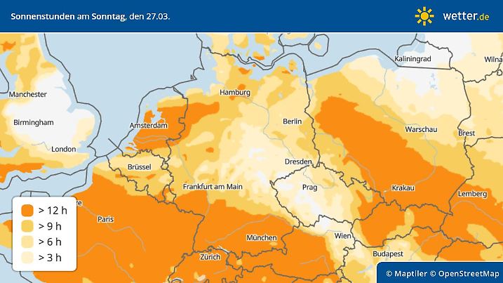 Sonnenstunden in Deutschland am Sonntag, 27. März 2022