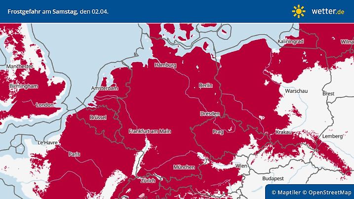 Deutschlandvorhersage für die Wahrscheinlichkeit von Frost und Bodenfrost am ersten Wochenende im April 2022