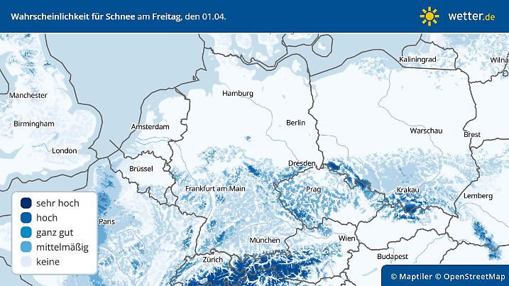 Deutschlandvorhersage für die Schneewahrscheinlichkeit am 1. April 2022
