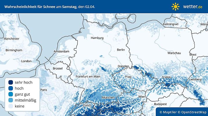 Deutschlandvorhersage für die Schneewahrscheinlichkeit am 2. April 2022