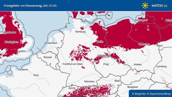 Die Grafik zeigt die Frostgefahr in der Nacht von Mittwoch auf Donnerstag: Im Nordosten wird es kalt