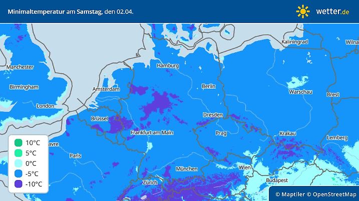 Die Grafik zeigt die Tiefstwerte in der Nacht von Freitag auf Samstag: Frostige Nacht in Deutschland