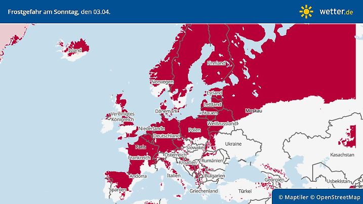 Die Grafik zeigt die Frostgefahr in der Nacht von Samstag auf Sonntag: Halb Europa im Frostschock