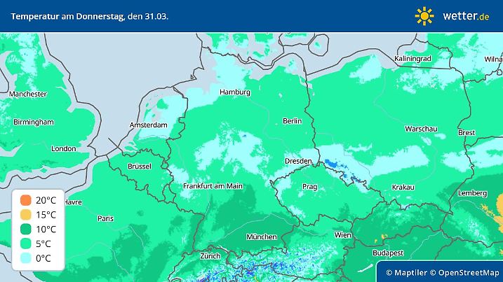 Deutschlandvorhersage für die Temperaturen am 31. März 2022 - zweistellige Werte bekommt nur noch der Süden