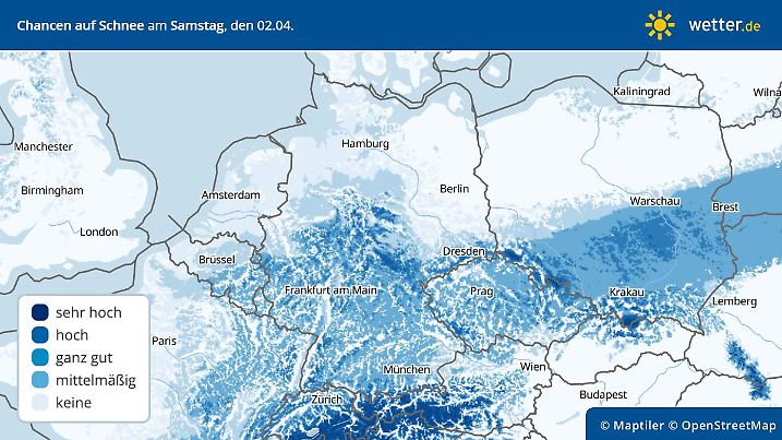 Deutschlandvorhersage für die Wahrscheinlichkeit von Schnee zum Start in den Monat April