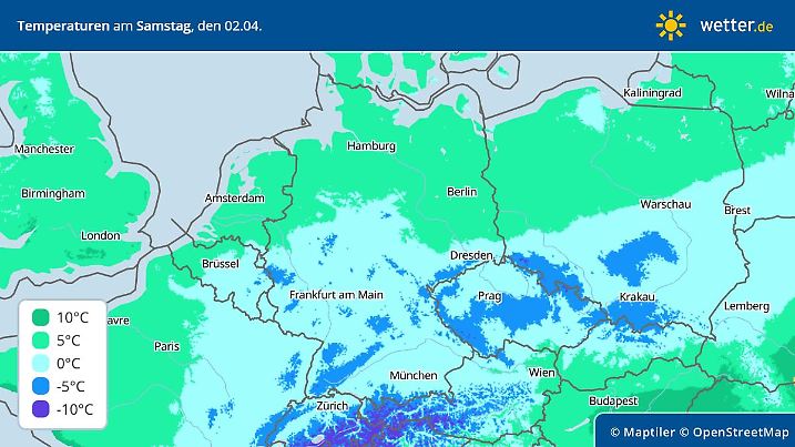 Deutschlandprognose der Temperaturen für Samstag, 2. April 2022 - zwischen Dauerfrost und kaum mehr als 8 oder 9 Grad,