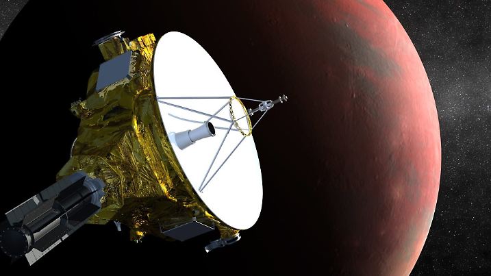 FILE - epa04519708 An undated artist's concept made available by NASA and the Johns Hopkins University Applied Physics Laboratory/Southwest Research Institute (JHUAPL/SwRI) on 08 December 2014 shows the New Horizons spacecraft as it approaches Pluto and its largest moon, Charon, in July 2015. New Horizons was launched from Earth on 19 January 2016, is now three billion miles (4.82 billion km) away and spend nearly nine years in hibernation but has woken up, as scheduled, on 08 December 2014.  EPA/NASA (JHUAPL/SwRI) HANDOUT EDITORIAL USE ONLY   (zu dpa "Kurz vor dem Ziel löst Nasa technische Probleme an Pluto-Raumsonde" vom m06.07.2015) +++(c) dpa - Bildfunk+++