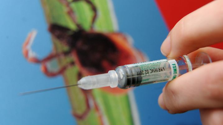 ILLUSTRATION - Eine Frau hält eine Spritze mit dem Impfstoff gegen Frühsommer-Meningoenzephalitis (FSME) am Dienstag (06.04.2010) in München (Oberbayern) im Gesundheitsministerium, während im Hintergrund die Abbildung einer Zecke auf einem Plakat zu sehen ist. Das bayerische Gesundheitsministerium rät zur Impfung gegen die von Zecken übertragenen Erreger der Hirnhautentzündung. Foto: Tobias Hase dpa/lby  +++(c) dpa - Bildfunk+++