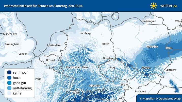 Die Grafik zeigt die Wahrscheinlichkeit für Schnee am Samstagmorgen an: Weite Teile Deutschlands dürfen hoffen
