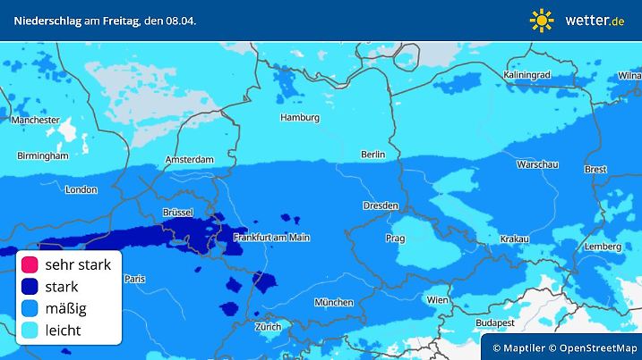 Die Grafik zeigt die Niederschläge für Freitag, 08.04.2022: weiterhin fällt Regen