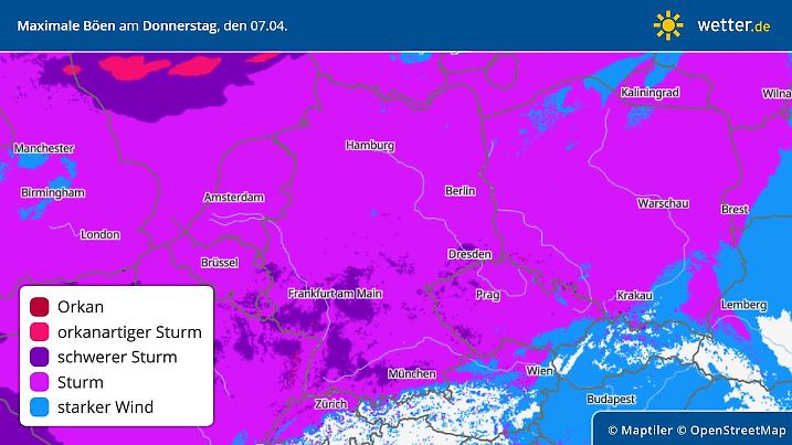 Die Grafik zeigt die maximalen Windböen am Donnerstag, 07.04.2022: Sturm über Deutschland