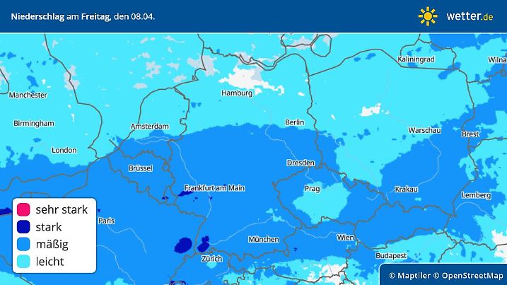 Die Grafik zeigt den Niederschlag für Freitag, 08.04.2022: Viel Regen in der Mitte und im Süden