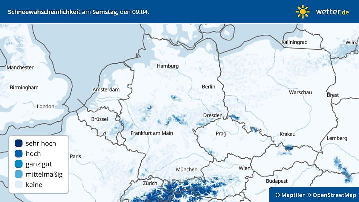 Die Grafik zeigt die Wahrscheinlichkeit für Schnee am Samstag, 09.04.2022: In den Höhenlagen bestehen Chancen