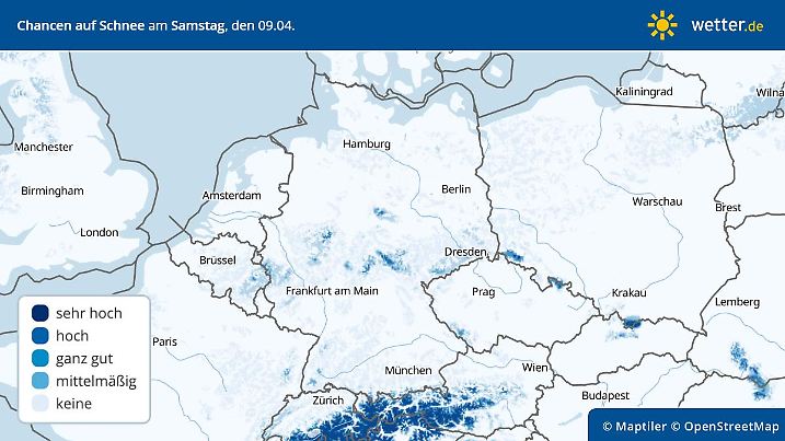 Die Deutschlandvorhersage für die Chancen auf Schnee am Samstag, 09. April 2022