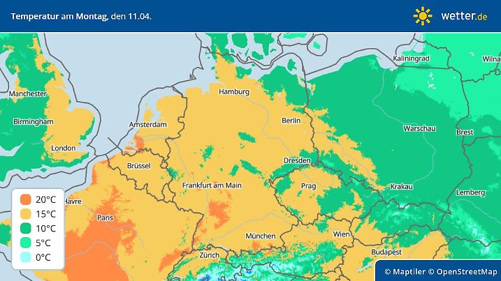 Die Grafik zeigt die Höchstwerte für Montag, 11.04.2022: 15 Grad sind wieder häufiger drinn