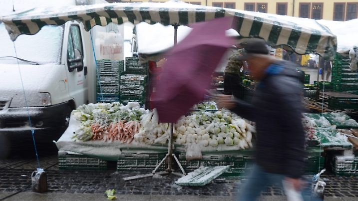 Gemüse im Schnee au dem Markt.Das Wetter in Leipzig mitte März.Der Winter ist immer noch nicht vorbei und meldet sich zurück. Starker Schneeregen und Wind, Temperatruren um 1 Grad Celsius lässt eine Rekort kälte in der Messestadt erwarten. *** Vegetables in the snow on the market The weather in Leipzig in the middle of March The winter is still not over and logs back Strong snowfall and wind Temperatures of 1 degree Celsius can expect a Rekort cold in the fair city
