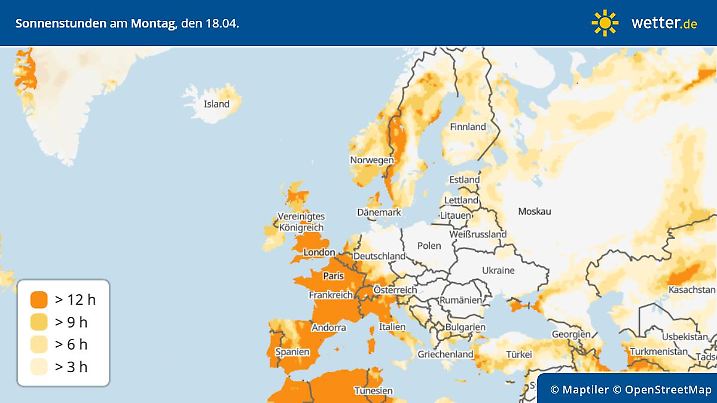 Die Grafik zeigt die Prognose der Sonnenstunden für Europa für den 18.04.2022: West- und Südwesteuropa weiter klar im Vorteil