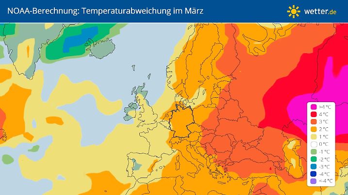 Die NOAA-Berechnungen sehen im Vergleich zum Klimamittel von 1990-2020 einen deutlich zu milden März.