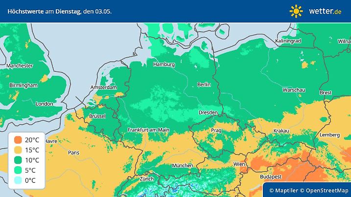 Der Mai 2022 startet deutlich unter seinen Möglichkeiten - Deutschlandkarte mit den Temperaturen am 3. Mai 2022