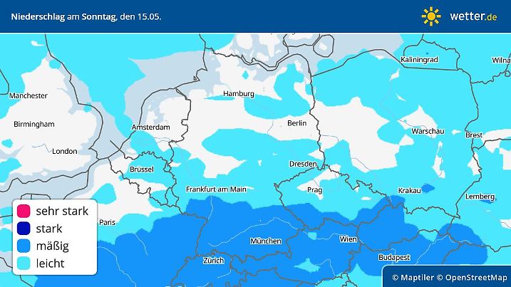Prognose für den Regen zur Monatsmitte. Je nach Wettermodell sind durchaus auch sehr nasse Abschnitte im Mai 2022 möglich.