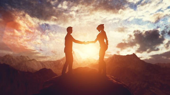 Alien and man meet and handshake on planet. UFO science fiction. 3d illustration