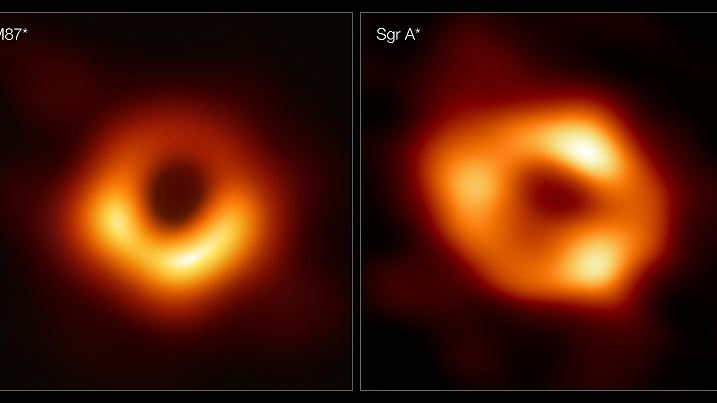 HANDOUT - 12.05.2022, ---: Die Kombo zeigt ein Bild des Schwarzen Lochs im Zentrum der riesigen Galaxie Messier 87 (l) und das erste Bild von Sagittarius A*, dem Schwarzen Loch im Zentrum der Milchstraße (undatiertes Handout, das am 12.05.2022 freigegeben wurde). (zu dpa «Erstes Bild vom Schwarzen Loch im Zentrum unserer Galaxie») Foto: EHT collaboration/dpa - ACHTUNG: Nur zur redaktionellen Verwendung und nur mit vollständiger Nennung des vorstehenden Credits +++ dpa-Bildfunk +++