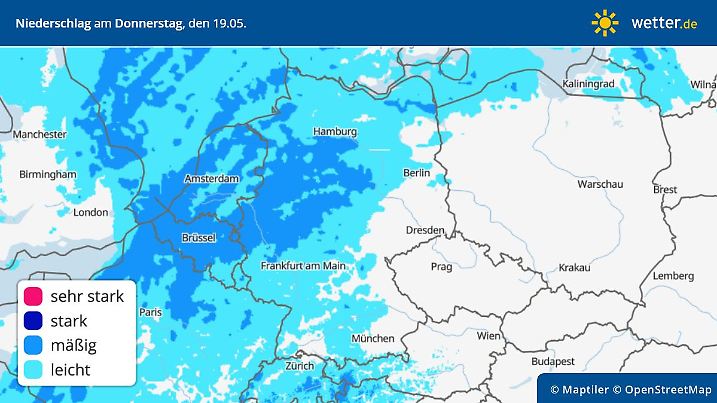 Die Grafik zeigt die Regenprognose für Donnerstag, 19.05.2022