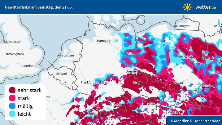 Die Grafik zeigt das Gewitterrisiko für Samstag, 21.05.2022