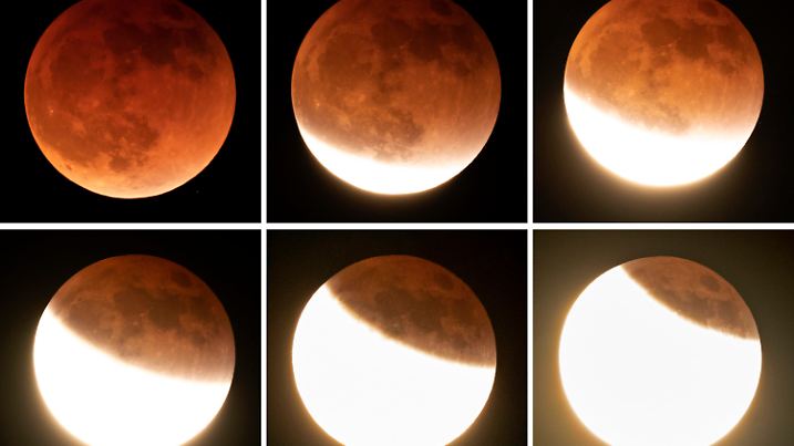 16.05.2022, USA, Moscow: KOMBO - Der Vollmond während einer kompletten Mondfinsternis (oben links) und in den verschiedenen Stadien des Himmelsspektakels über der Stadt Moscow im US-Bundesstaat Idaho. Foto: Ted S. Warren/AP/dpa +++ dpa-Bildfunk +++