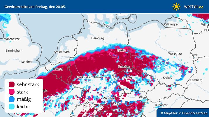 Die Grafik zeigt das Gewitterrisiko für Freitag, 20.05.2022