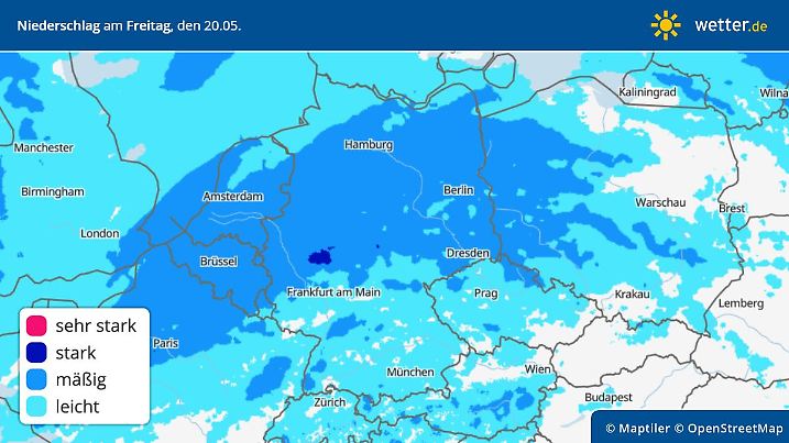 Die Grafik zeigt die Regenprognose für Freitag, 20.05.2022