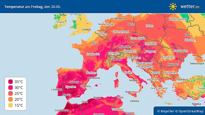 Die Grafik zeigt die Höchsttemperaturen für Freitag, 20.05.2022