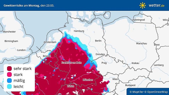 Die Grafik zeigt das Gewitterrisiko für Montag, 23.05.2022