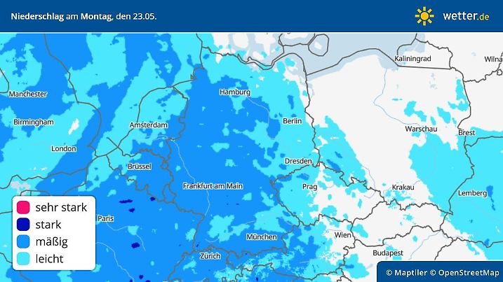 Die Grafik zeigt die Regenprognose für Montag, 23.05.2022