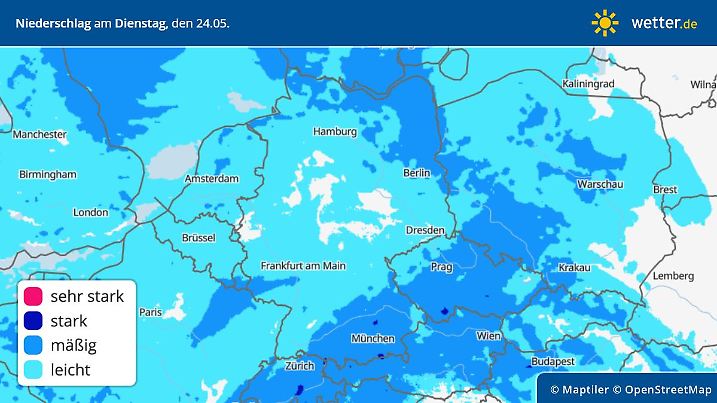 Die Grafik zeigt die Regenprognose für Dienstag, 24.05.2022