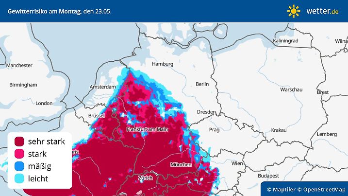 Die Grafik zeigt das Gewitterrisiko für Montag, 23.05.2022