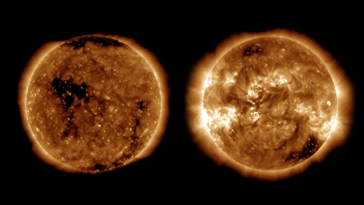 HANDOUT - 16.09.2020, ---: KOMBO - Wie in diesen UV-Aufnahmen zu sehen ist, zeigt sich die Atmosphäre der Sonne im Aktivitätsminimum (links, Oktober 2019) von ihrer eintönigen Seite, im Aktivitätsmaximum (rechts, April 2014) als wahres Feuerwerk. Die Sonne ist Wissenschaftlern zufolge in einen neuen Zyklus ihrer Aktivität eingetreten. Damit werden über die kommenden Jahre wieder mehr Sonnenflecken und Eruptionen erwartet. Allerdings dürfte sich Sonnenzyklus 25 «ähnlich schlapp» zeigen wie der Zyklus zuvor, teilte das Max-Planck-Institut für Sonnensystemforschung (MPS) in Göttingen mit. Foto: Joy Ng/NASA's Solar Dynamics Observatory/dpa - ACHTUNG: Nur zur redaktionellen Verwendung und nur mit vollständiger Nennung des vorstehenden Credits +++ dpa-Bildfunk +++