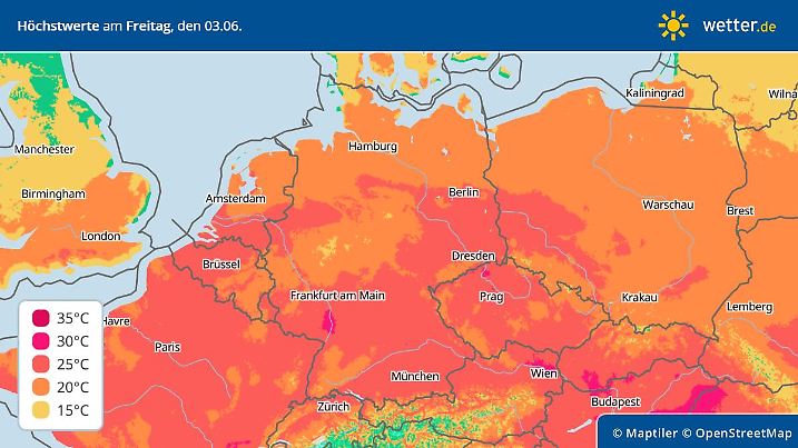 Die Höchstwerte schnellen in Richtung Sommer - insbesondere in der Südhälfte mit Spitzen bis an die 30 Grad.