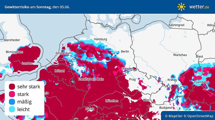 Die Gewitterwahrscheinlichkeit steigt von Süden her immer weiter an - insbesondere am Pfingstsonntag