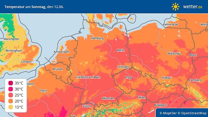 Die Grafik zeigt die Höchstwerte für Sonntag, 12.06.2022: Häufig sind es um die 25 Grad, teils auch bis zu 30 Grad