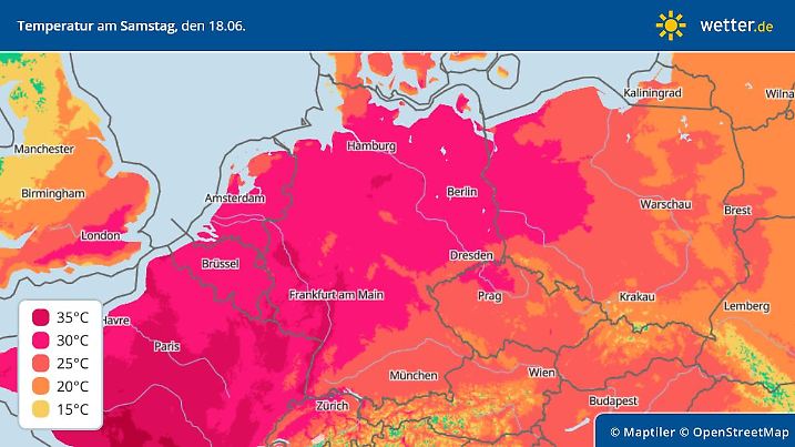 Die Grafik zeigt die Höchsttemperaturen am Samstag, 18. Juni in Deutschland
