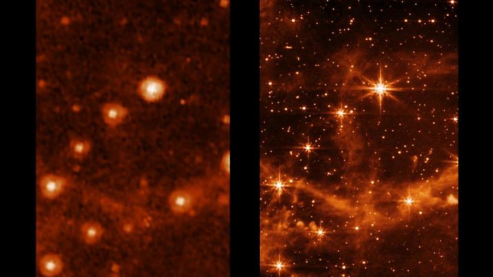 Aufnahme der Maggelanschen Wolke mit dem Spitzer und dem James-Webb-Teleskop zu sehen