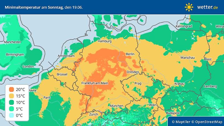 Die Grafik zeigt die Tiefstwerte am Sonntagmorgen, 19.06.2022