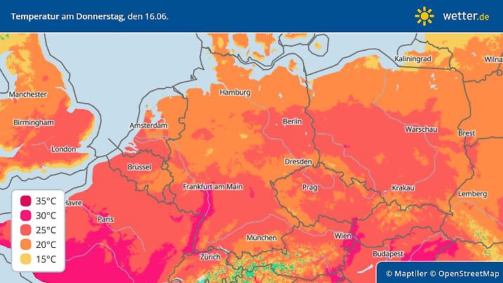 Die Grafik zeigt die Höchsttemperaturen am Donnerstag, 16. Juni in Deutschland